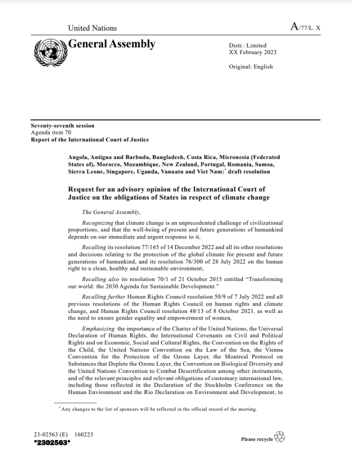 Request for an advisory opinion of the International Court of Justice on the obligations of States in respect of climate change